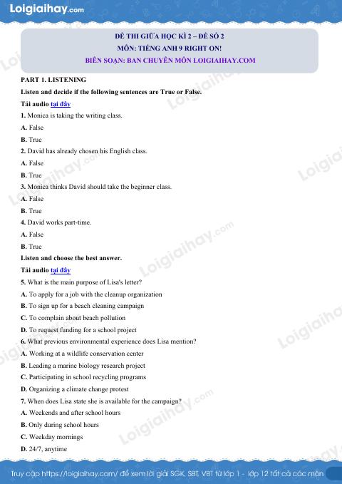 Đề thi giữa kì 2 Tiếng Anh 9 Right on! - Đề số 2